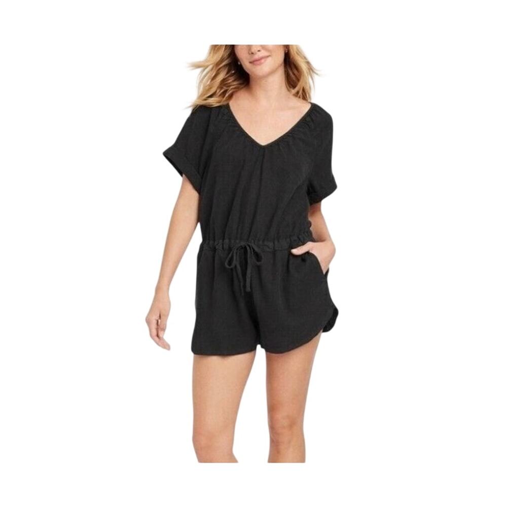 Universal Thread Black Linen Blend Shorts Romper V-Neck Waist Tie Medium